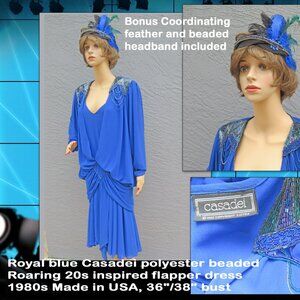 Royal blue Eletra Casadei polyester beaded 20s does 80s flapper dress, Made USA